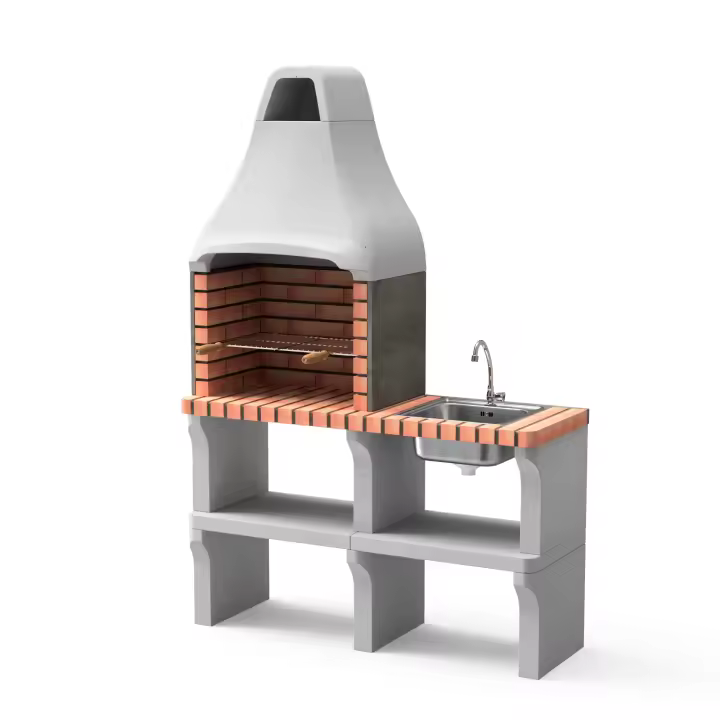 MOVELAR - Barbacoa de Obra Prefabricada para Leña y Carbón Modelo New Iberia Plus XL side stand sink&tap  (Gris, Naranja - 128 x 47 x 190 cm) REF: M00197 - Uso en Exteriores - 1