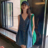 Vestido Mini De Verano Para Mujer Estilo Coreano Sin Mangas Con Tirantes Y Bolsillos Denim A-Line Solapa Suelta Vestido De Corte Vintage - details 7