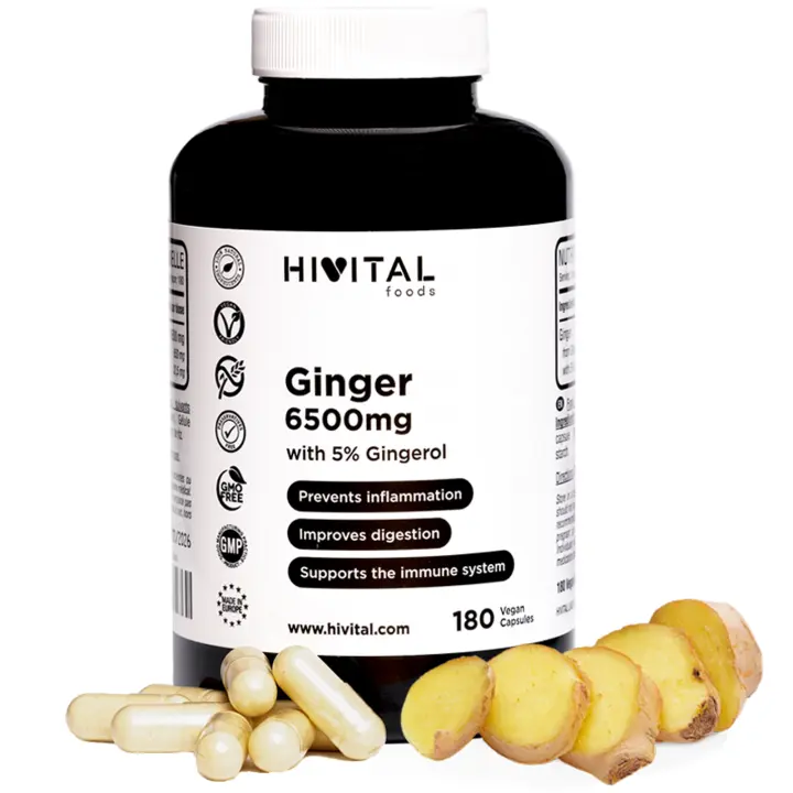 Jengibre 6500 mg. 180 cápsulas veganas para 6 meses. Extracto Natural de Jengibre al 5% en Gingeroles aportando 32,5 mg por cápsula. Previene la inflamación y mejora la digestión y el sistema inmune. Hivital - 1
