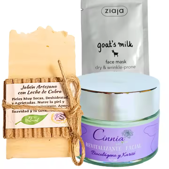 Pack Belleza Piel Madura y Seca. Crema Facial Hidratante y Revitalizante. PumarShop Cinnia Natrua. Jabón Artesano con Leche de Cabra y Mascarilla Facial con Leche de Cabra. Pack Ahorro - 1