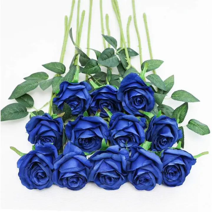 12 rosas artificiales, 19,68'', tallo largo único, rosas falsas de seda, ramo de novia, boda, flor realista para el hogar, jardín, fiesta, hotel, oficina, decoración (rosas en flor, azul) - 1