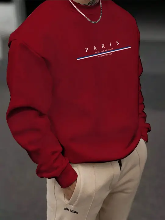  Sudadera De Cuello Redondo Para Hombre Con Estampado De París Ajuste Suelto Casual Para Otoño E Invierno Sudadera Cálida Con Capucha - 1