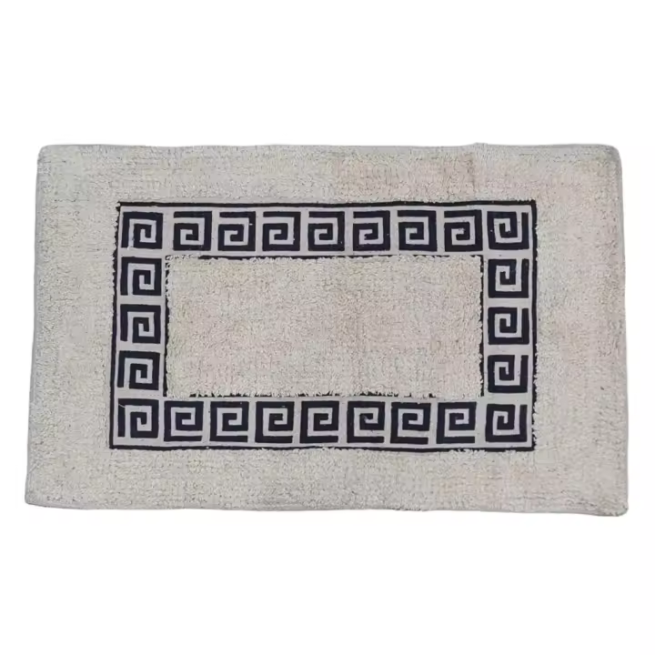 ANGAMA TEXTIL - 🏠​  Alfombra Baño o Exterior entrada casa Absorbente, Suave de Rizo 40x60cm, 100% Algodón Color Crema con diseño CENEFA en azul, 40cm DE ANCHO x 60cm de LARGO - 1