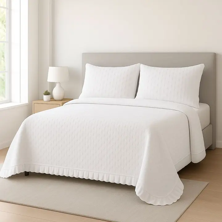 Colcha blanca con volante para cama 90-180 cm. Largo 270 cm, válida para camas de 200 cm. | Estilo Minimalista y Acolchado Elegante | Microfibra Ligera | Para Hogares y Hoteles - 1