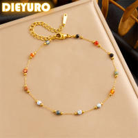 DIEYURO 316L Pulseras De Tobillo En Acero Inoxidable Para Mujer Con Cuentas De Colores Naturales Y Zirconia Moda Joyería Impermeable Regalo - details 6