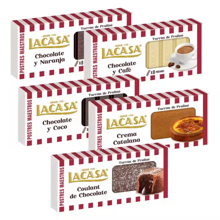 Turrones Lacasa: 5 tabletas de Turron variadas: Chocolate y café, Chocolate y coco, Chocolate y naranja, Coulant de chocolate y Crema catalana - 1