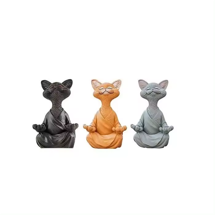 Juego de 3 estatuas de gatos meditando: Buda gato feliz: estatua de gato zen para meditación o yoga - 1