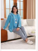 pijama de mujer de 3 piezas - camiseta y pantalon manga larga de algodon - bata estilo corto de coralina con cinturón y bolsillos,  grueso y cálido, suave y cómodo para dormir, ropa de hogar - Adecuado para otoño e invierno - 12617 - details 0