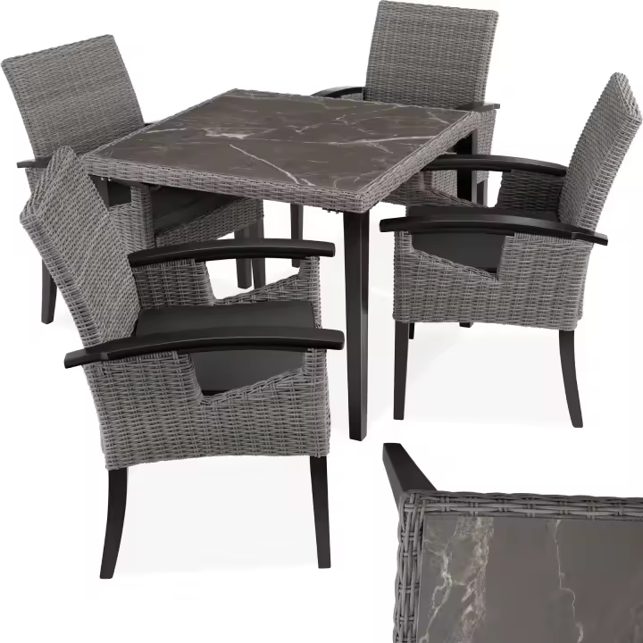 Tectake - Mesa de ratán Tarento con 4 sillas Rosarno  Elegante conjunto de cuatro sillas de ratán con mesa  Tablero extraíble de porcelanato gres marmolado  Fino trenzado de ratán sintético de calidad con protección UVA - 1