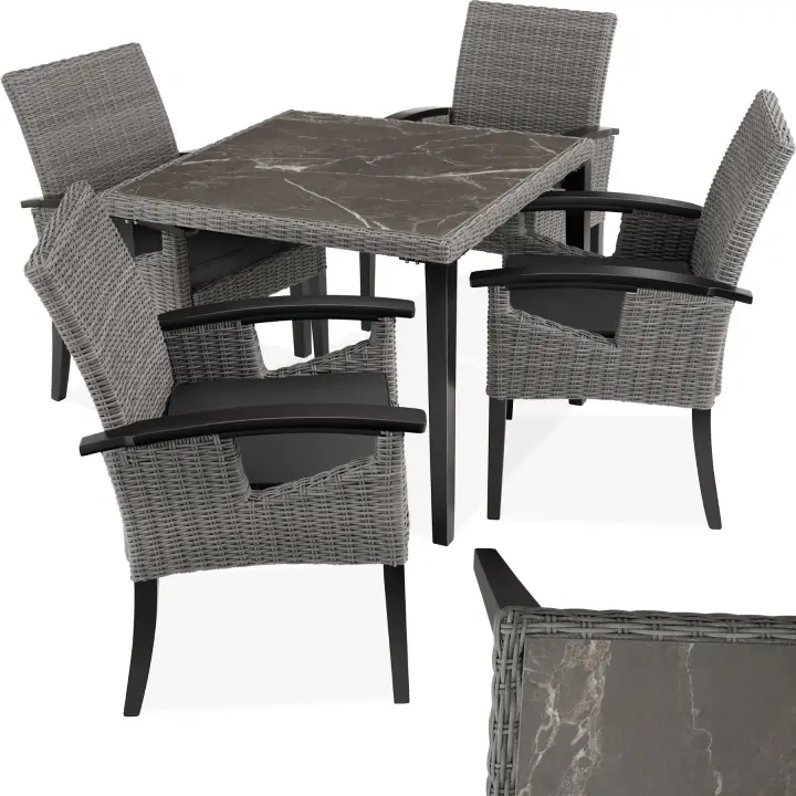 Tectake - Mesa de ratán Tarento con 4 sillas Rosarno  Elegante conjunto de cuatro sillas de ratán con mesa  Tablero extraíble de porcelanato gres marmolado  Fino trenzado de ratán sintético de calidad con protección UVA - 1
