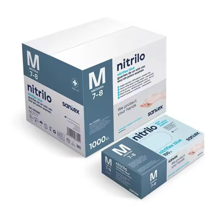 GUANTES DE NITRILO CALIDAD 3.5GR AZUL SANTEX SIN POLVO TALLA M ESTUCHE 100UDS ( sanitario , alimentacion, horeca...) - 1