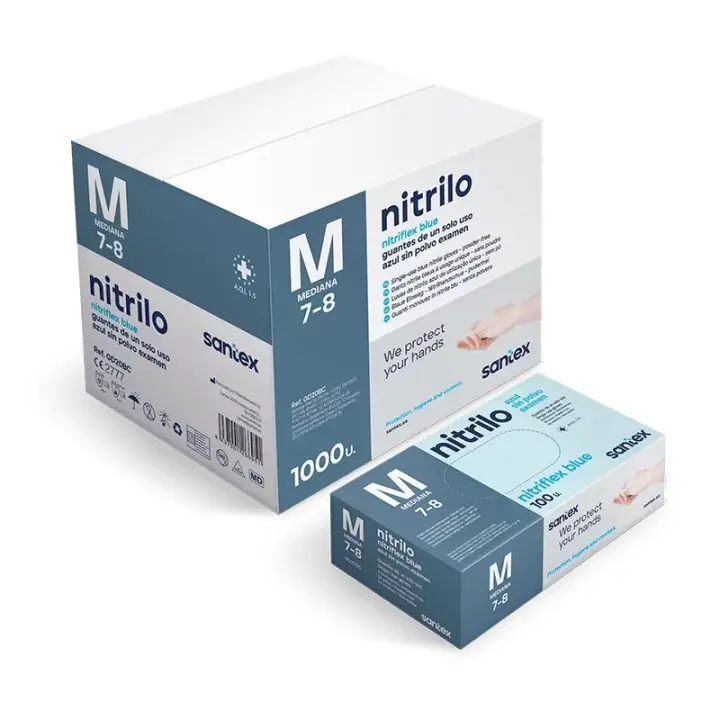 GUANTES DE NITRILO CALIDAD 3.5GR AZUL SANTEX SIN POLVO TALLA M ESTUCHE 100UDS ( sanitario , alimentacion, horeca...) - 1