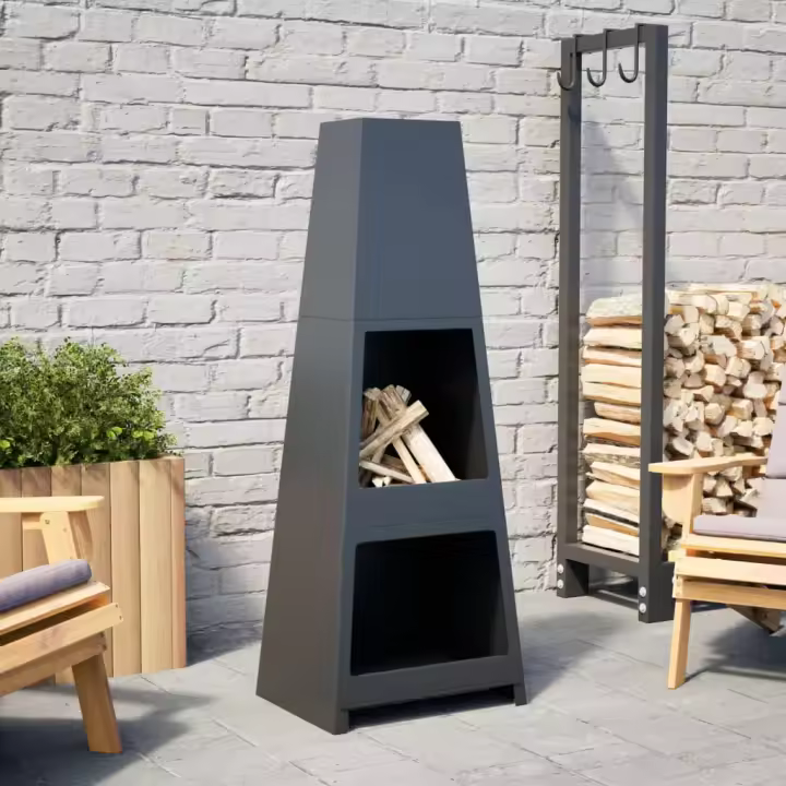 vidaXL Chimenea de exterior con leñero y diseño de torre acero negro - 1