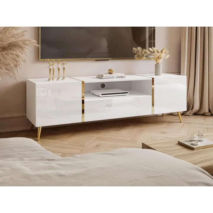 Vente-unique - Mueble TV con 2 puertas, 1 cajón y 1 estante - Blanco brillante y Dorado - MARZIALO - 1