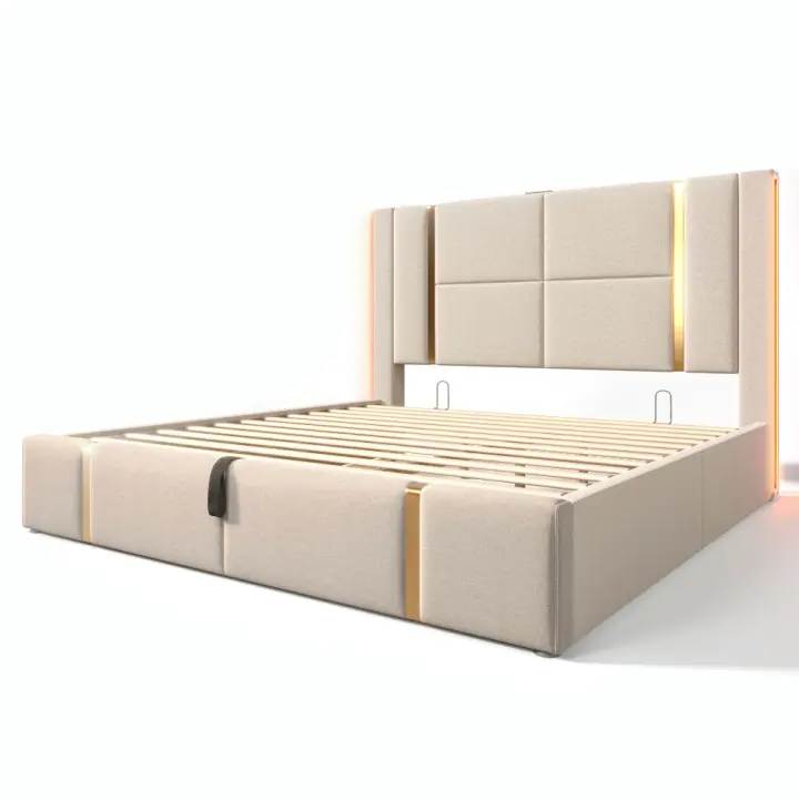 Marco de Cama Multialmacén Doble Tapizado USB Type C + Control APP LED 140x200 - Diseño Silencioso, Espacio Duplicado & Estilo Minimalist Versátilla para Dormitory - 1