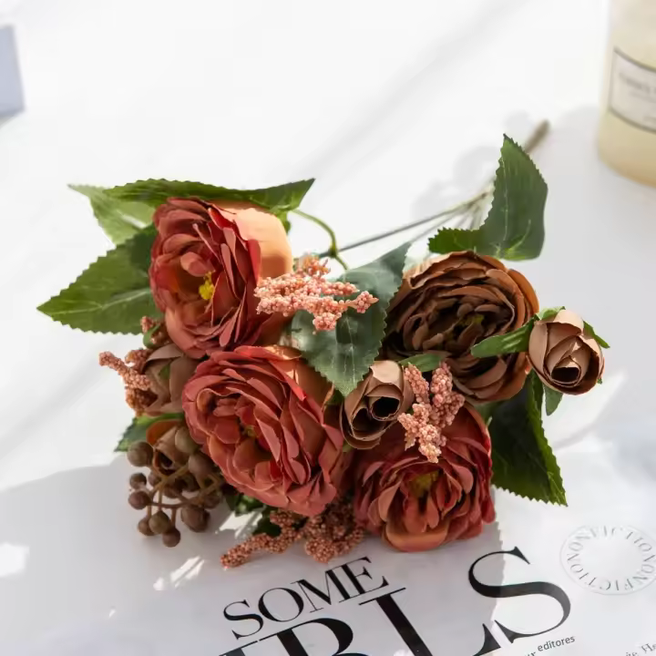 1PC Bouquet De Flores Artificiales Rosa Peonía Blanca Para Decoración De Casamientos Invierno Y Fiestas En Casa Plantas Falsas Baratas - 1