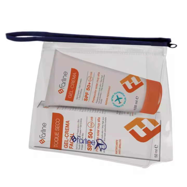 Farline Neceser Viaje Gel Crema SPF 50+ 100ml + Gel Crema Facial Toque Seco 50ml Apto Para Viajar En Avión UVA UVB Proteccion Solar Muy Alta - 1