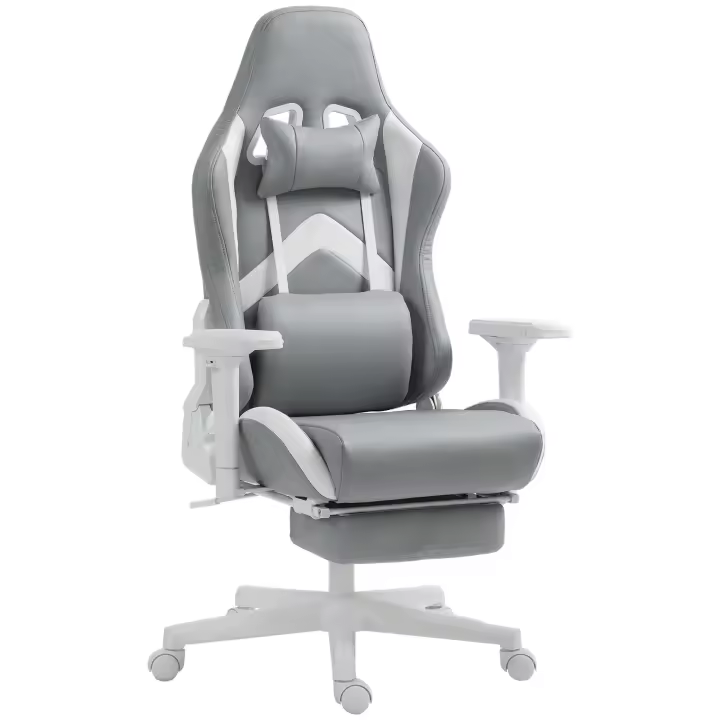 HOMCOM Silla Gaming Silla Gamer Reclinable con Altura Ajustable Reposapiés Retráctil Soporte Lumbar y Reposacabezas Desmontable Silla para Oficina Estudio Gris Claro y Azul - 1