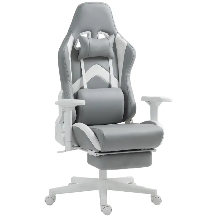 HOMCOM Silla Gaming Silla Gamer Reclinable con Altura Ajustable Reposapiés Retráctil Soporte Lumbar y Reposacabezas Desmontable Silla para Oficina Estudio Gris Claro y Azul - 1