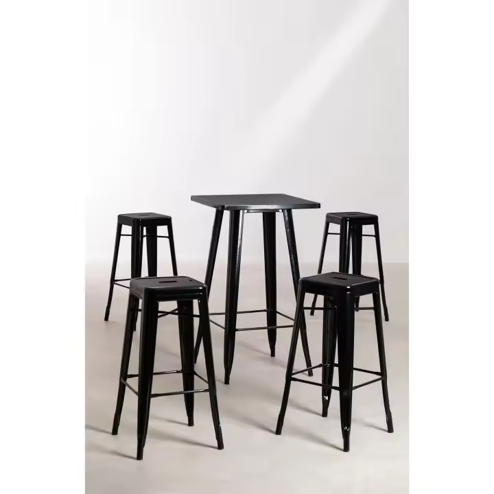 ORION91 Conjunto Mesa Alta 102 x 60cm + 4 Taburetes Apilables Altos 76cm Color Negro Comedor Oficina Teletrabajo Hostelería Cocina Bar Restaurante – SpazioLuzio - 1