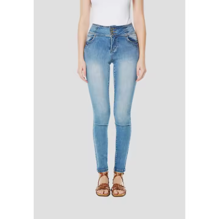 Koroshi - Pantalón vaquero largo mujer modelo Koroshi Azul Medio con cintura corset y efecto push-up en denim elástico 80% algodón - 1
