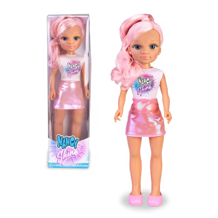 Nancy Shine - Pink, Muñeca con el Pelo Largo con Mechones Metalizados de Color Rosa, Vestido de Falda Rosa Metalizada y Top Blanco, y Zapatos Rosas a Juego, 3 años, Famosa (NAC70210) - 1