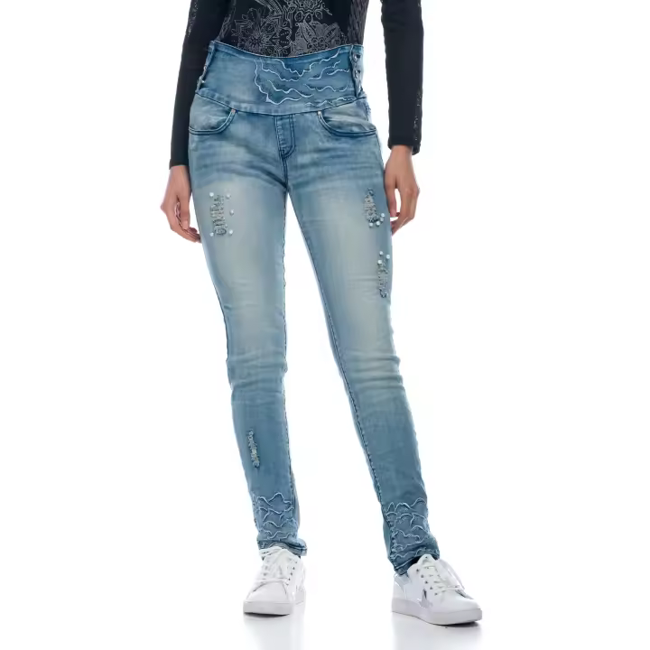 Koroshi - Pantalones vaqueros straight para mujer de algodón con cintura fajín y rotos decorativos - 1