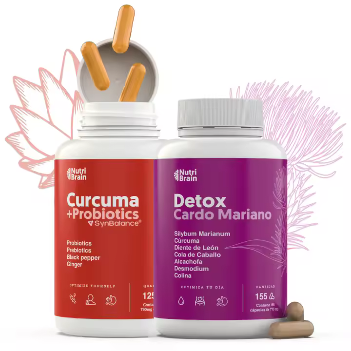 Detoxificación y Desinflamación | Cúrcuma + PROBIÓTICOS y PREBIÓTICOS Alta Concentración, una sola cápsula al día brinda bienestar articular, muscular, óseo y digestivo. Cardo Mariano 3X ACCIÓN con Cúrcuma, Diente de León, Alcachofa, Cola de Caballo. - 1