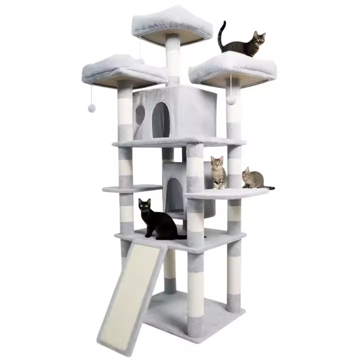 Torre Rascador para Gatos, 5 Niveles, con Casitas y Plataformas, Color Gris y Blanco, 61*49*170cm - 1