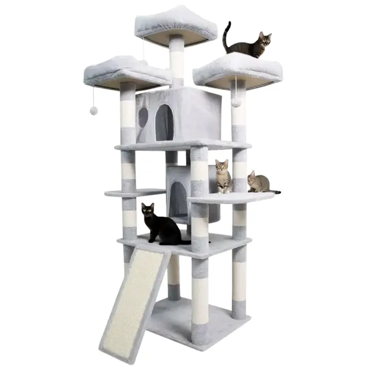 Torre Rascador para Gatos, 5 Niveles, con Casitas y Plataformas, Color Gris y Blanco, 61*49*170cm - 1