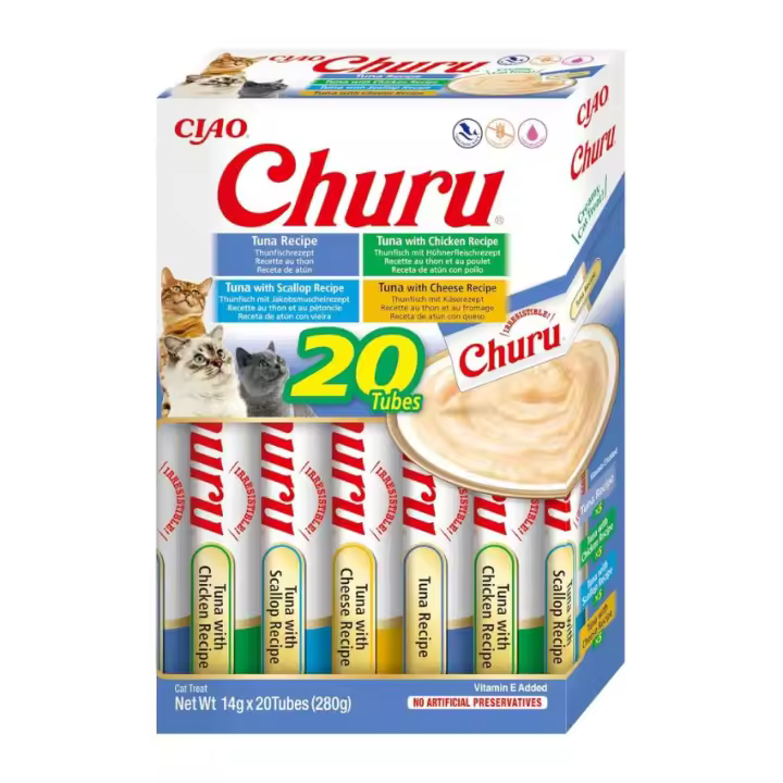 INABA Churu Box - Premios para Gatos - Snacks Saludables a Base de Atún, Varios Sabores - Textura Cremosa - Sin Cereales, Conservantes, Colorantes - 20x14g - 1