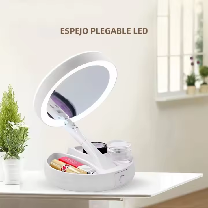 Espejo De Maquillaje Plegable Con Lente De Aumento LED Espejo De Vestíbulo Blanco Cosmético USB Cargable O Batería 10X Para Dormitorio O Uso Doméstico - 1