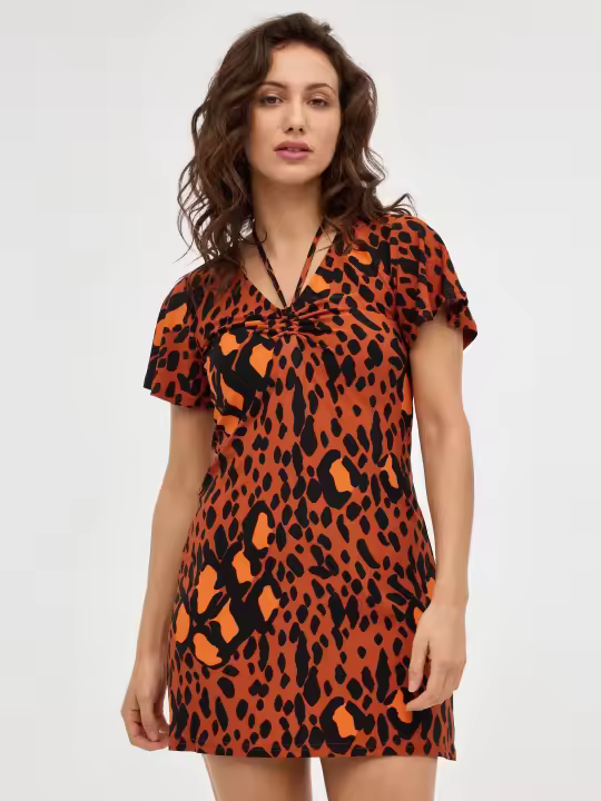 Vestido mini de manga corta y cuello de pico con estampado animal print y fruncidos INSIDE - 1