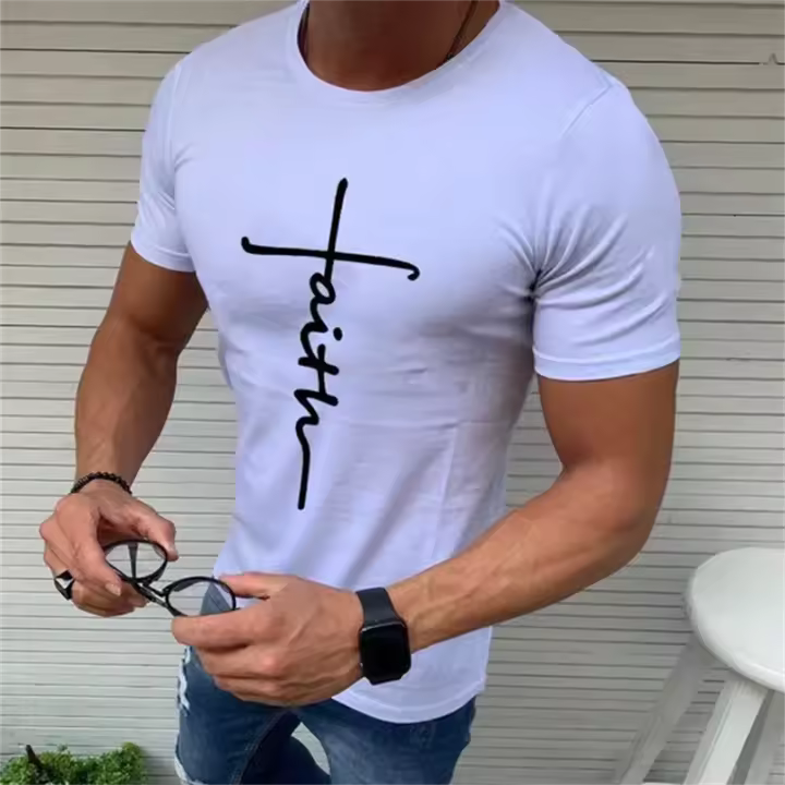 Camiseta Deportiva De Hombre Clásica Jesús Manga Corta Impresión De Feith Para Ejercicio Estilo Casual Transpirable Y De Secado Rápido - 1