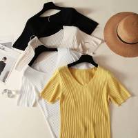 Camiseta De Mujer De Verano Con Cuello En V Y Manga Corta Tejida En Color Negro Y Naranja Estilo Slim Para Ocio Casual - details 3
