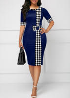 Vestido Elegante Para Mujer LW Con Estampado Cuadriculado Cuello Redondo Manga Corta Largo Hasta La Rodilla Para Oficina Vestido Bodycon De Cintura Natural - details 1
