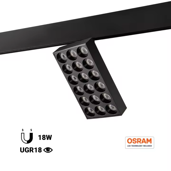Barcelona LED Luminaria cuadrada LED para carril magnético 48V - 18W - CRI90 - UGR18 - OSRAM - 1