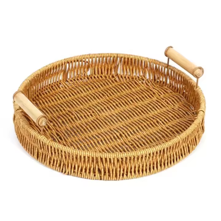 Plato De Alimentos De Rotura Tejido a Mano En Plástico Almacenamiento Redondo Para Frutas Verduras Pasteles Cesta De Paja Con Mango - 1