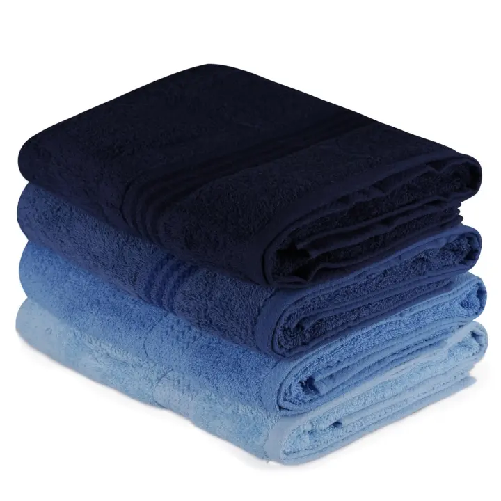 Wellhome Juego de Toallas de Baño 4 Piezas Azul Oscuro, Azul y Azul Claro 100% Algodón 500 Gr/m² - Suaves y Absorbentes - 1