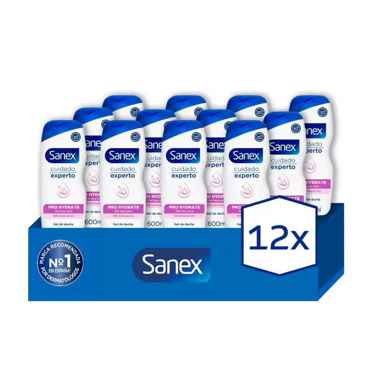 Gel de ducha o baño Sanex BiomeProtect Dermo Pro Hydrate hidratante piel muy seca 600 ml. Pack 12 - 1