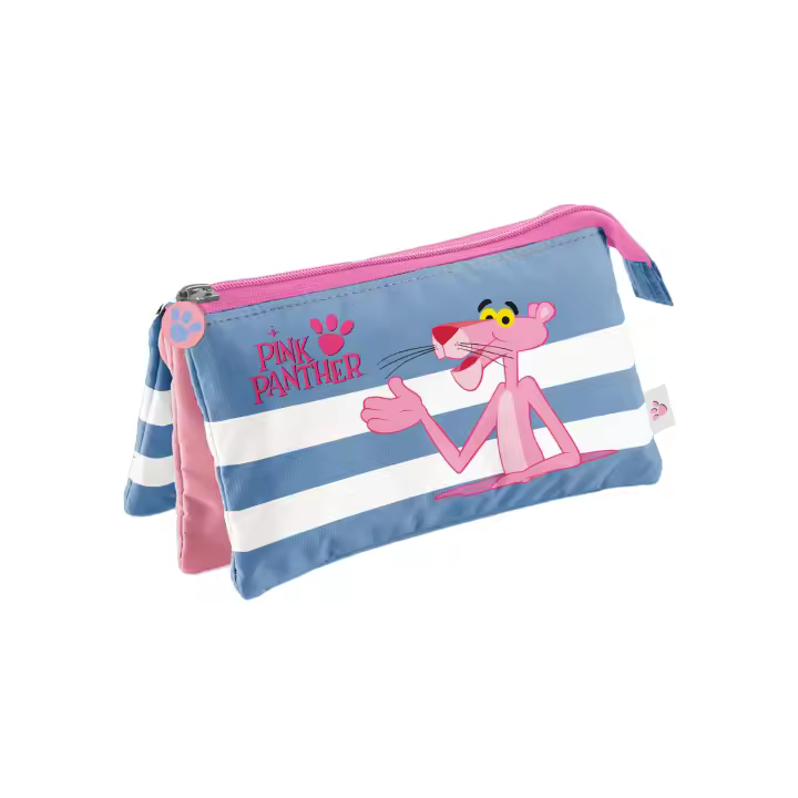 Dohe - Estuche Escolar 3 Compartimentos - Cierre de Cremalleras, Licencia Oficial, Poliéster Resistente, 23x12x2,5 cm - Pink Panther Stripes - 1