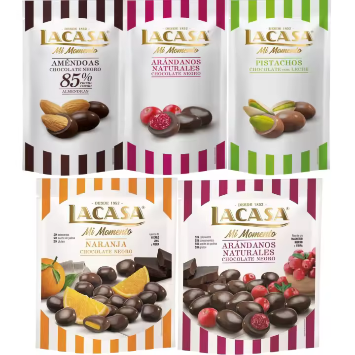 Lacasa Mi Momento pack de 5:Arándano  Negro 60 G,Pistacho  Leche 50 G,Almendra 85% 65 GArándano  Negro 125 G,Naranja  Negro 125 G - 1