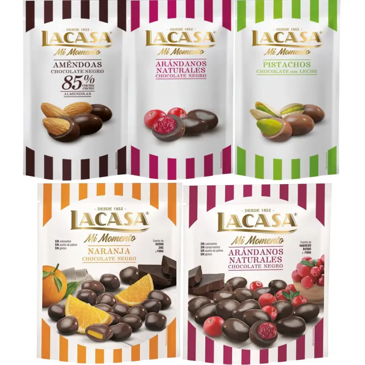 Lacasa Mi Momento pack de 5:Arándano  Negro 60 G,Pistacho  Leche 50 G,Almendra 85% 65 GArándano  Negro 125 G,Naranja  Negro 125 G - 1