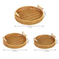 Bandeja De Alimentos De Plástico Tejida a Mano En Rattan Para Frutas Verduras Pasteles Forma Redonda Cesta De Almacenamiento Con Mango - details 4