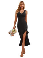 Vestido De Verano Con Diseño Independiente Europeo Y Americano Cuello En V Sin Mangas Y Falda Volante Estilo Oficina Midi Para Mujeres - details 5