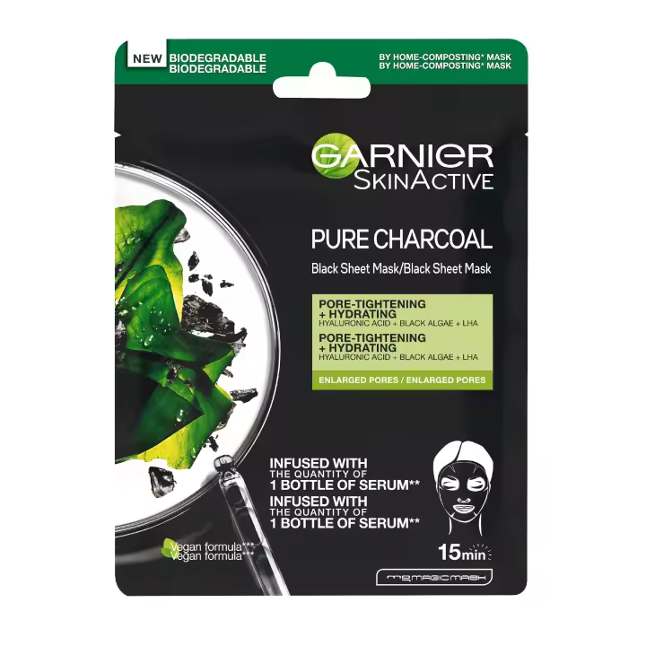 Garnier Skin Active Black Mask Tissu Pure Charcoal – Mascarilla de tejido con extracto de alga negra y ácido hialurónico para pieles con poros dilatados - 1