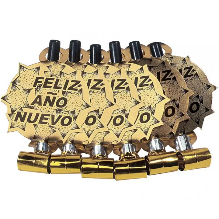 Widmann Pack de 6 Matasuegras Doradas 'Feliz Año Nuevo' para Nochevieja - 1