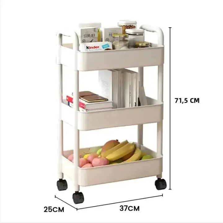 Carro De Tres Niveles En Blanco Con Dos Asientos Altos Y Ruedas Estante De Almacenamiento Para Dormitorio Y Baño - 1