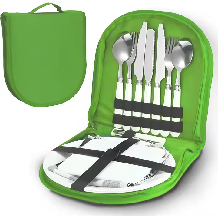 Juego de cubiertos para camping, utensilios de cocina portátiles, 13 en 1, multifuncionales, con bolsa impermeable para camping, picnic y senderismo (verde) - 1