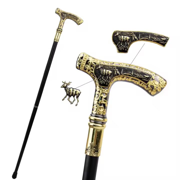 Bastón De Moda Elegante De 90cm Con Manija De Ciervo Dorado Y Negro Decoración De Cosplay Para Hombres Accesorio De Calzado Y Ropa - 1